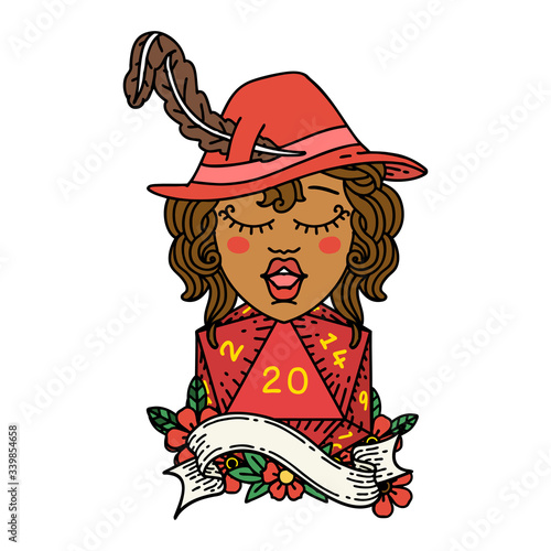 human bard with natural 20 dice roll illustration