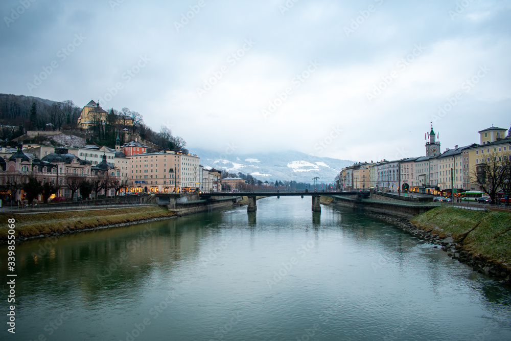 View from bridge on Salzach River and old Town in Salzburg, Austria