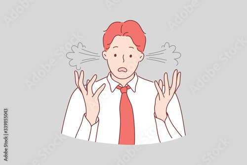 Fatigue, stress, anger, overload, perplexity, business concept. Young angry perplexed businessman boy office clerk manager illustration. Overworking and fatigue, stress at work in cartoon style.