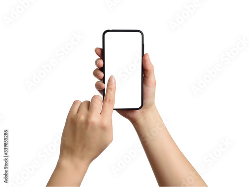 Woman touching the screen of smartphone. Isolated object on white