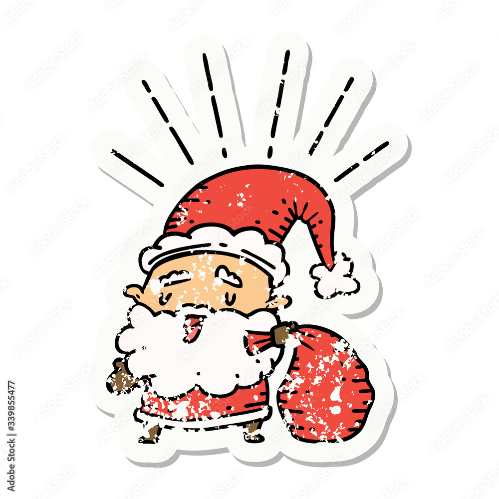 grunge sticker of tattoo style santa claus christmas character with sack grunge sticker of tattoo style santa claus christmas character with sack