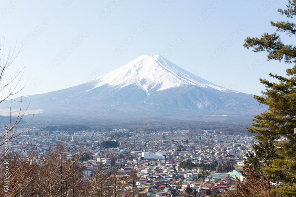 Fuji mountain in the morning with blue sky high view Fuji mountain in the morning with blue sky high view