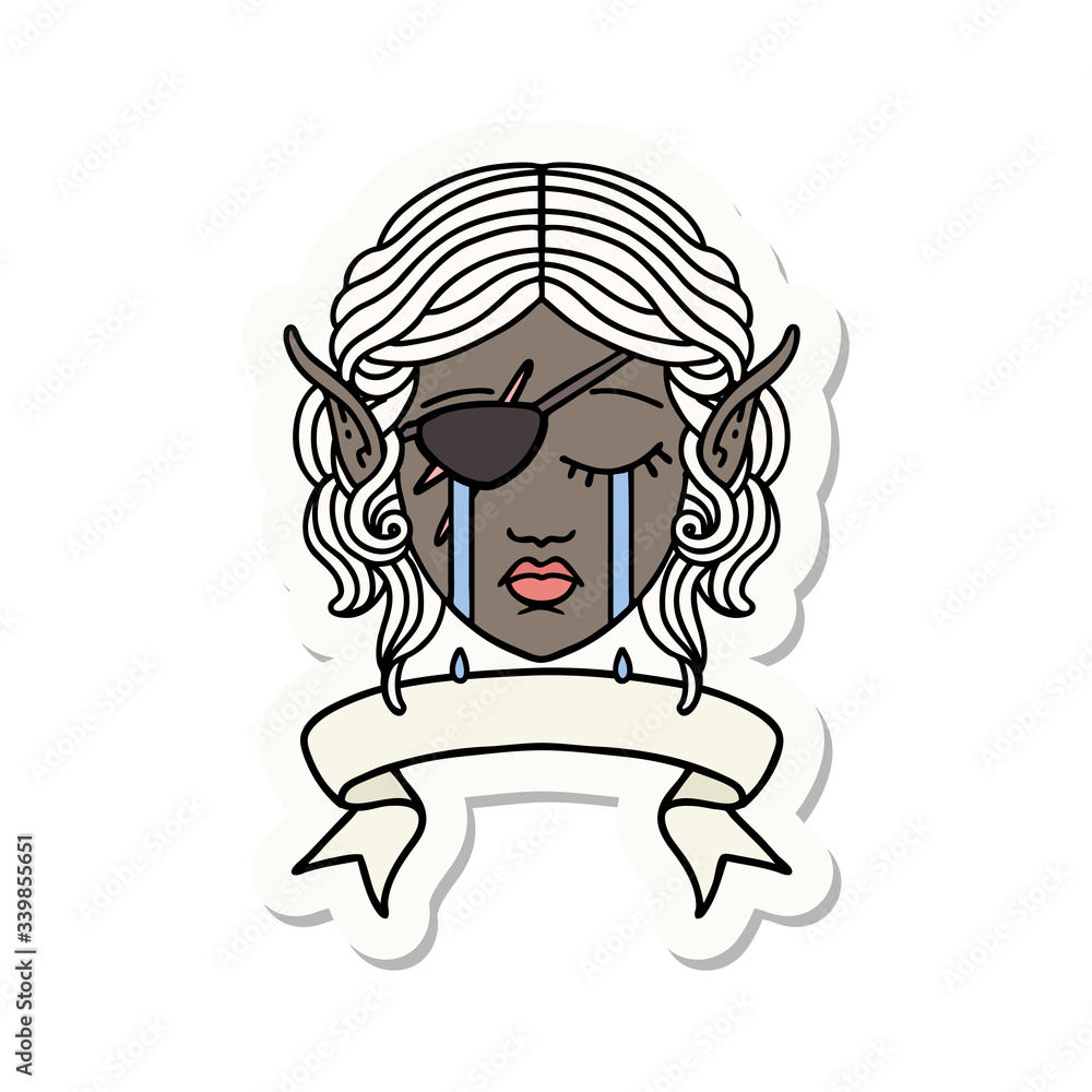 crying elf rogue character face with banner sticker crying elf rogue character face with banner sticker