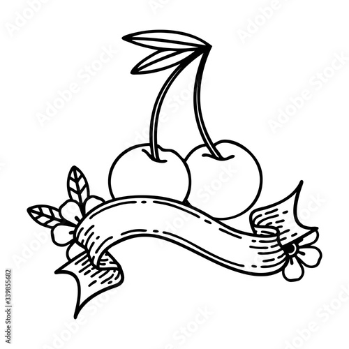 black linework tattoo with banner of cherries