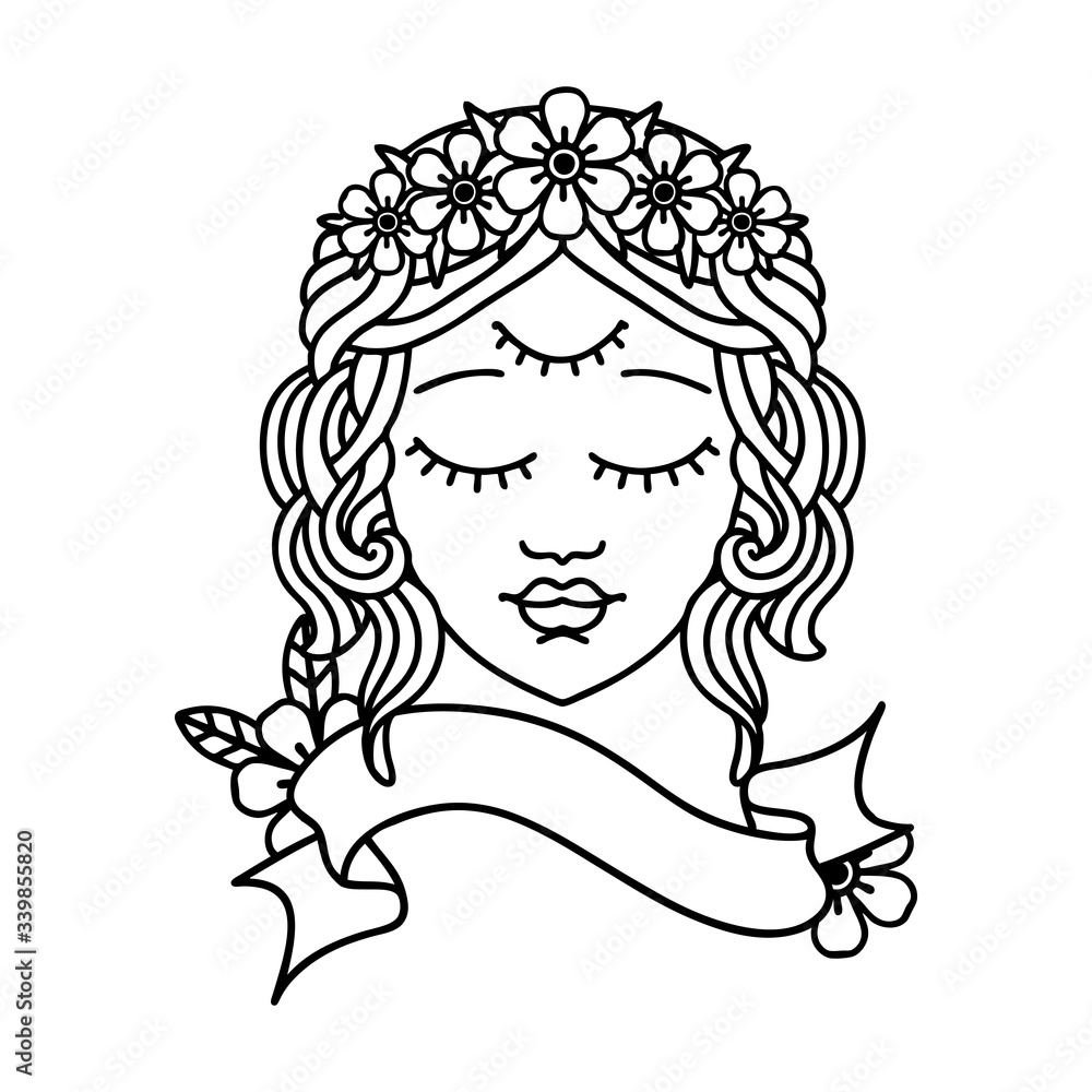 black linework tattoo with banner of female face with third eye black linework tattoo with banner of female face with third eye
