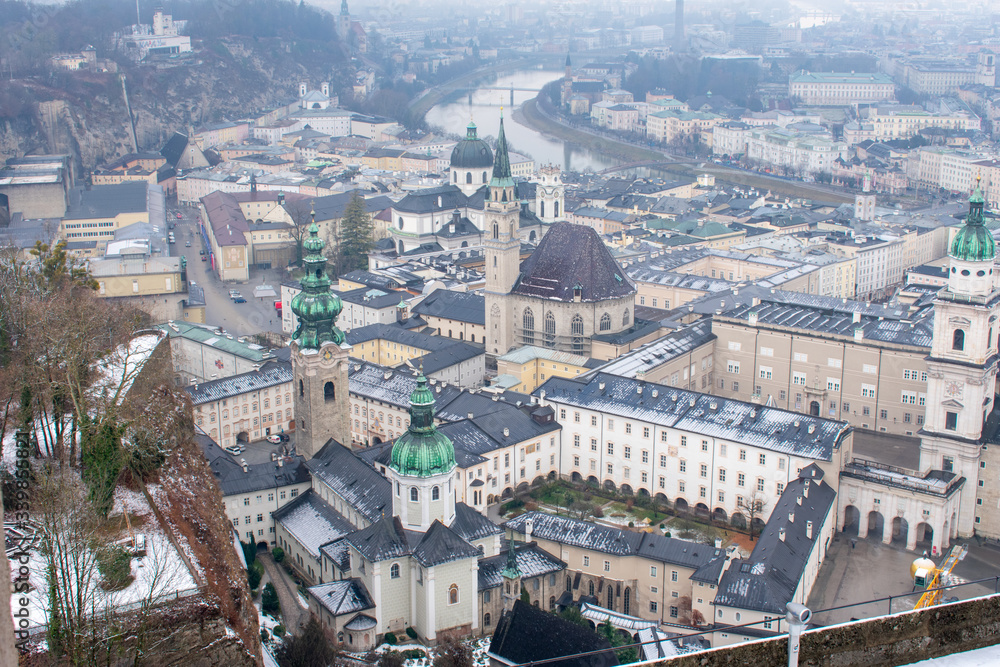 Aerial view on Old Town in Salzburg, Austria, View on buildings from above 