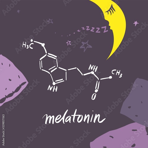 Decorative banner template about melatonin for articles, presentations, posters. The structure of the molecule on the background of the starry sky with the moon and pillows. Vector illustration