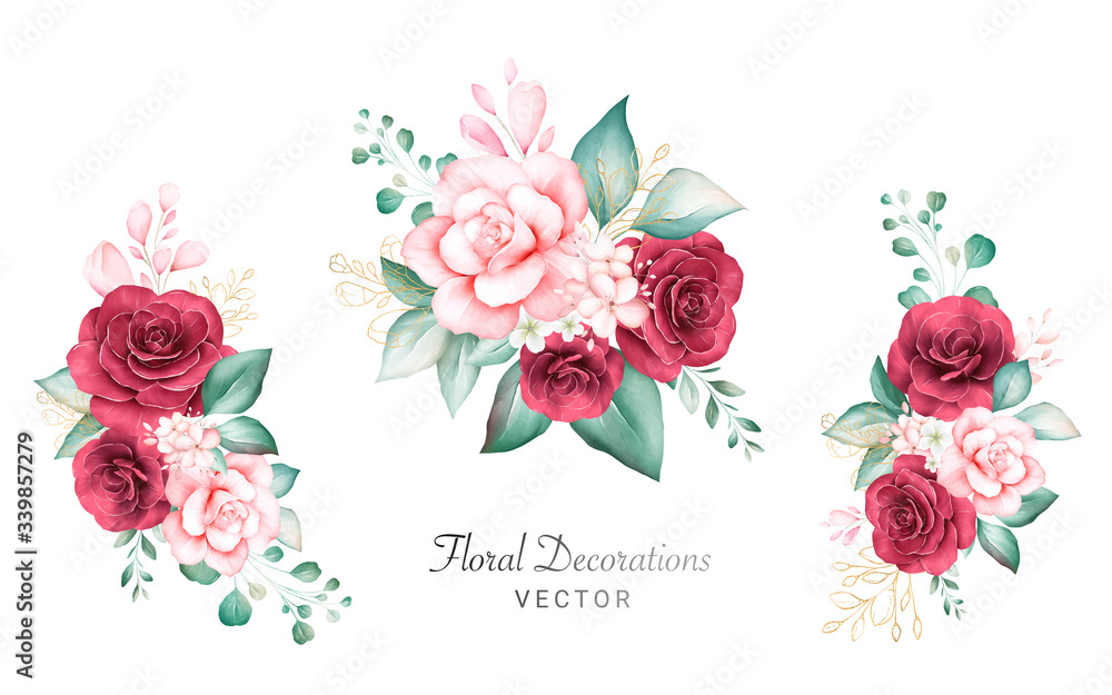 Set of watercolor bouquets for logo or wedding card composition. Botanic decoration illustration of peach and red roses, leaves, branches, and gold glitter