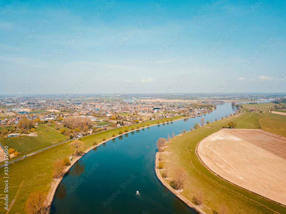 Beautiful aerial drone shot over the big canal in the Netherlands. 