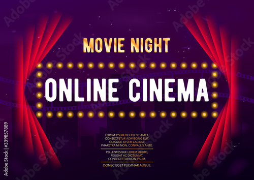 Horizontal color cinema background with red curtains, graphic elements and text. 