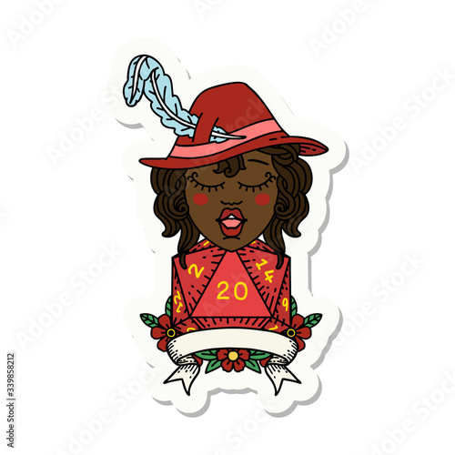 human bard character with natural 20 dice roll sticker