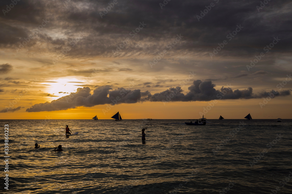 White beach sunset on Boracay island, Philippines.