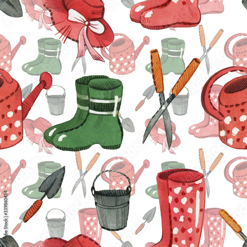 Pattern with watercolor garden elements. Gardening Tools. Watercolor illustration.