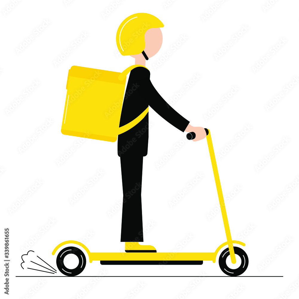 Delivery man on ascooter with ordered food. Fast and free delivery. Doodle vector illustration.