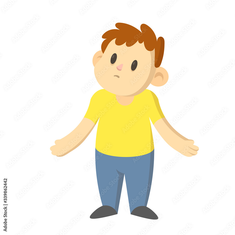 Confused boy standing shrugging his shoulders, cartoon character design. Colorful flat vector illustration, isolated on white background.