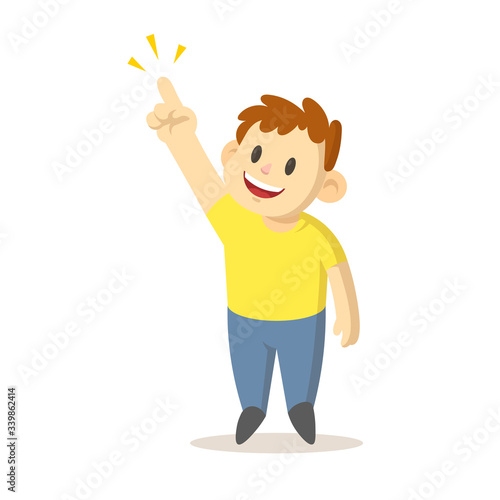 Smiling boy pointing his finger up as showing something, cartoon character design. Colorful flat vector illustration, isolated on white background.