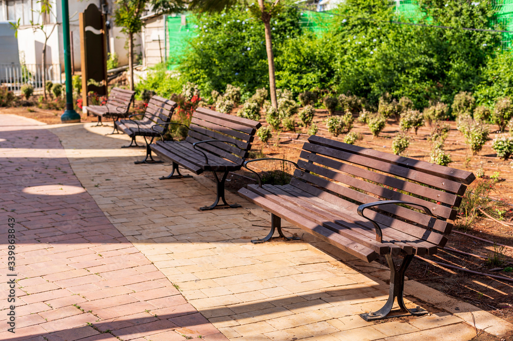 A row of empty wooden benches on the street. Park, playground, street. No people.Sunny weather, spring. Virus and quarantine. The concept of protecting and preventing viruses and epidemics. Urban view