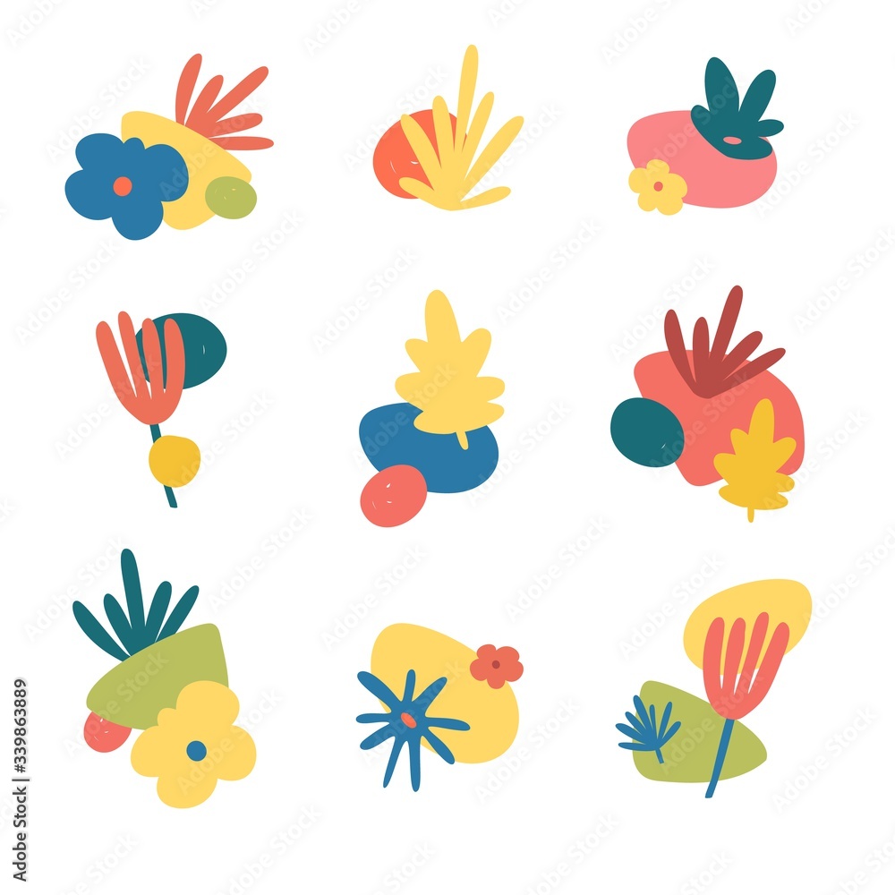 Set of modern abstract decorative elements. Conceptual shapes and spots with decor of naive flowers and leaves. Summer and spring style. Vector Set of modern abstract decorative elements. Conceptual shapes and spots with decor of naive flowers and leaves. Summer and spring style. Vector