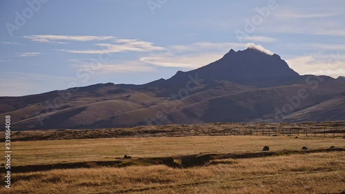 Fields and mountains landscape view in Cotopaxi National Park, Ecuador