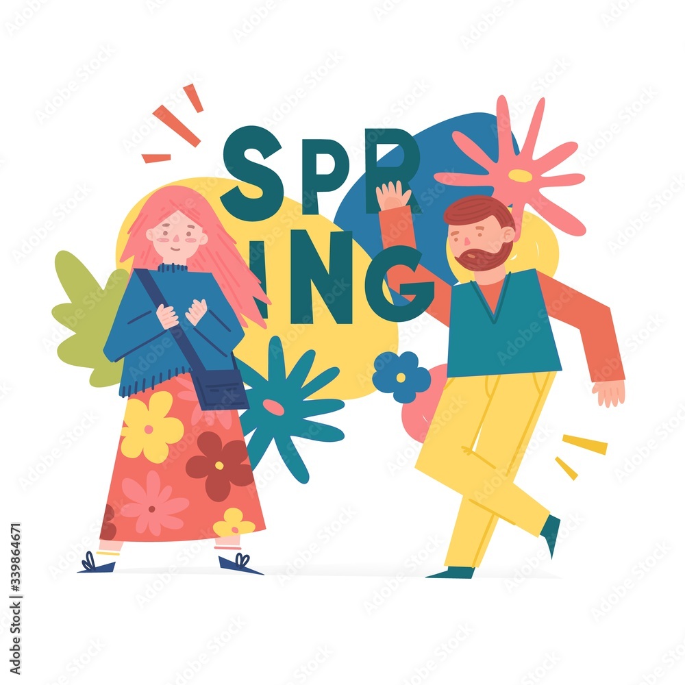 Spring illustration concept with cartoon people characters. Modern background with cute flowers, leaves and abstract shape. Vector Spring illustration concept with cartoon people characters. Modern background with cute flowers, leaves and abstract shape. Vector