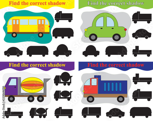 Find shadow of different transport, set of educational games for kids. Vector illustration.