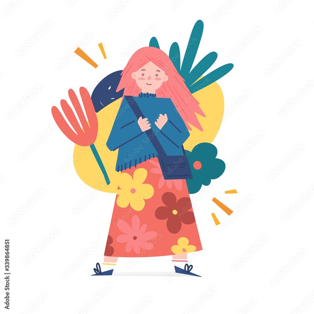Spring and summer illustration concept with cartoon people characters. Modern background with cute flowers, leaves and abstract shape. Art for banner and t shirt. Vector