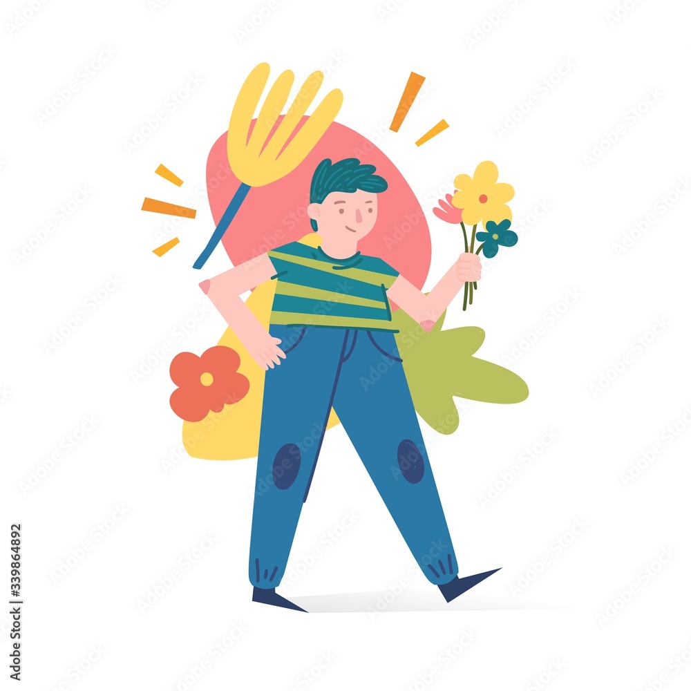 Spring and summer illustration concept with cartoon people characters. Modern background with cute flowers, leaves and abstract shape. Art for banner and t shirt. Vector Spring and summer illustration concept with cartoon people characters. Modern background with cute flowers, leaves and abstract shape. Art for banner and t shirt. Vector