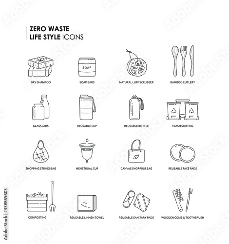 Set of zero waste life style linear icons.Sustainable life style thin line icons. Eps 10 vector illustration.