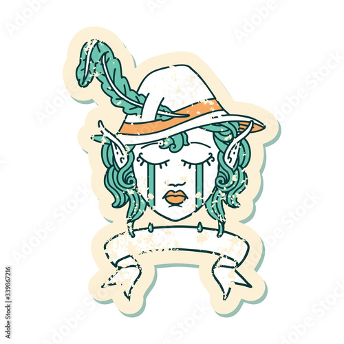 crying elf bard character face with banner illustration
