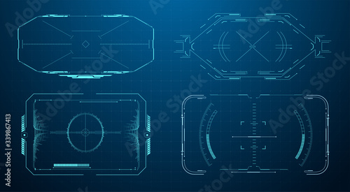 HUD futuristic frame. Game target borders, sci-fi empty banners for text, menu technology interface. Target ui/ux screens. Virtual reality technology view display helmet, crosshair, aim. Vector