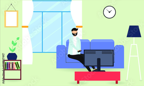 Vector illustration of EPS. Stay home. The gamer plays at home. Coronavirus isolation mode. Quarantine against the virus.