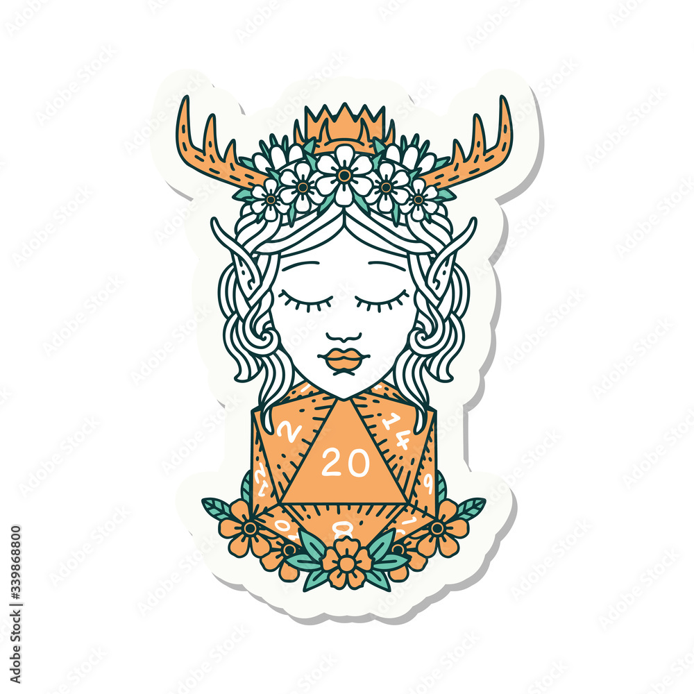 elf druid character with nautral twenty dice roll sticker elf druid character with nautral twenty dice roll sticker