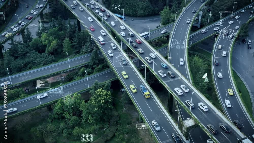 Aerial view of self driving autopilot cars driving on a highway Aerial view of self driving autopilot cars driving on a highway