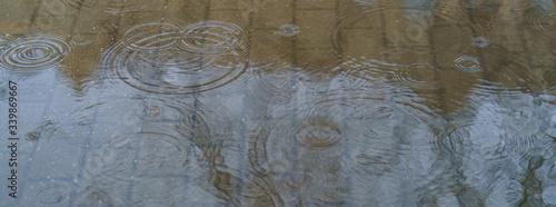 Rain in the spring Moscow. Puddles at the street. No people. Sad city had been reflected in the puddles. Coronavirus pandemic lifestyles.