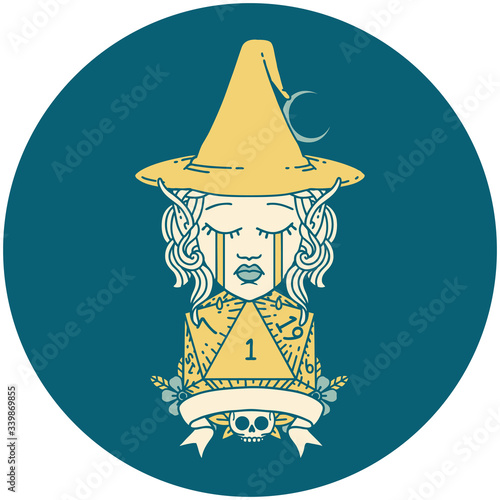 crying elf mage character with natural one dice roll illustration