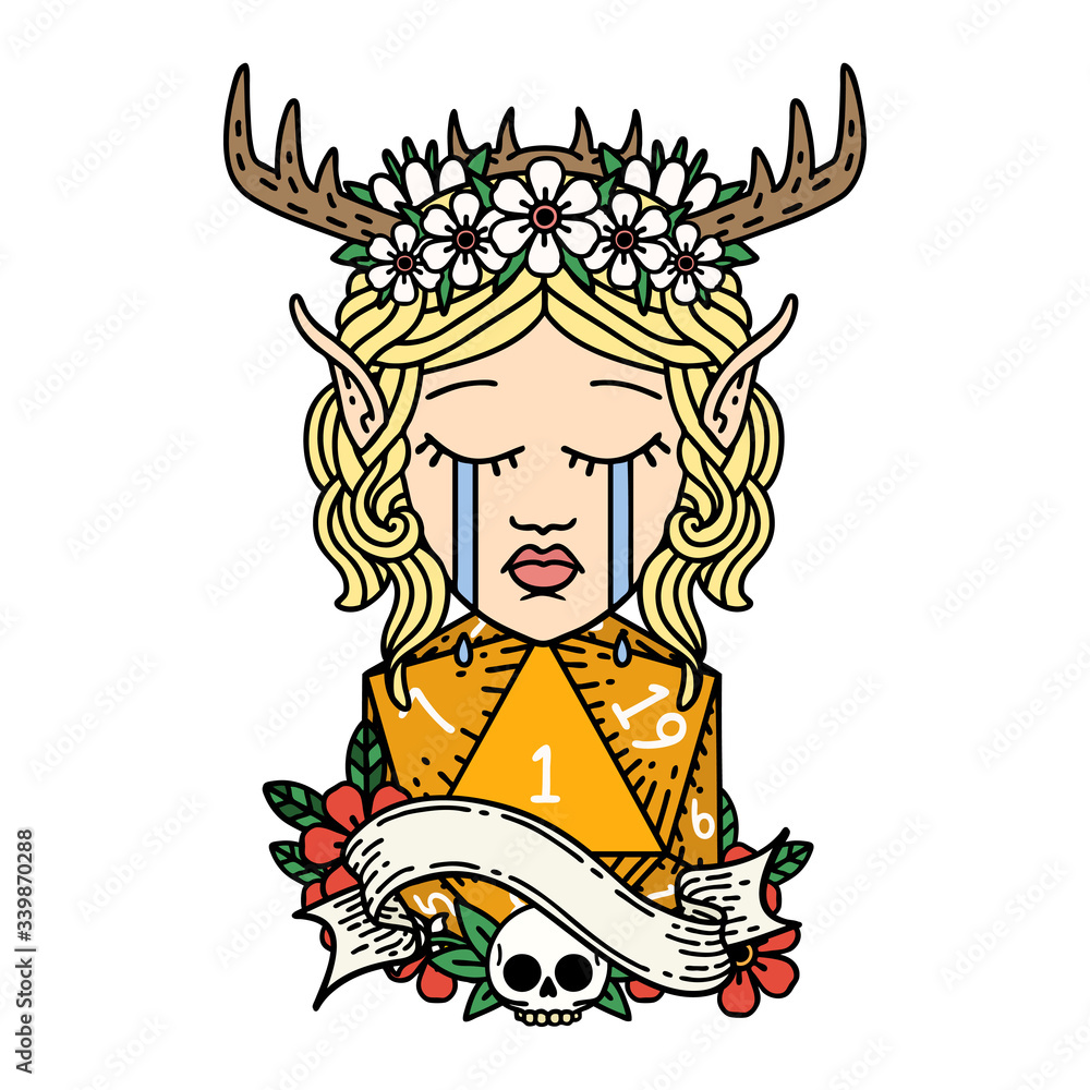 crying elf druid character face with natural one D20 dice roll illustration crying elf druid character face with natural one D20 dice roll illustration