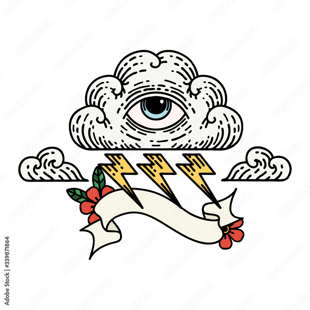 tattoo with banner of an all seeing eye cloud tattoo with banner of an all seeing eye cloud