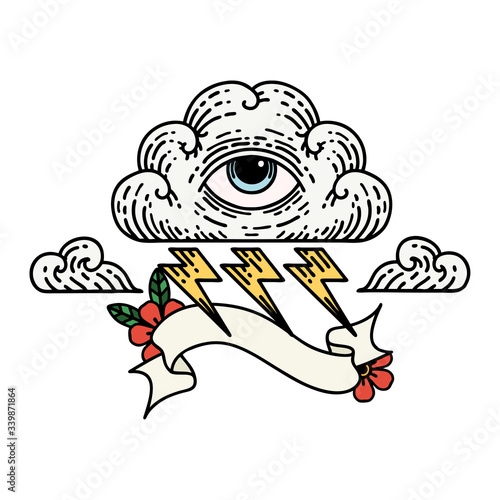 tattoo with banner of an all seeing eye cloud