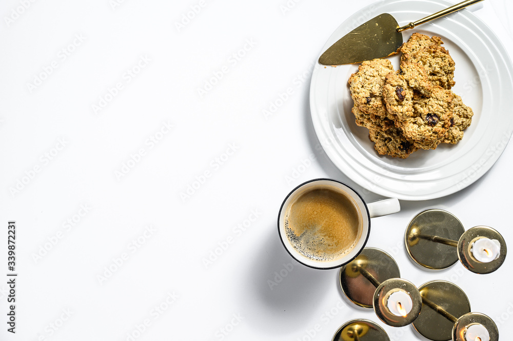 Freshly baked cranberry oatmeal cookies.  White background. Top view. Copy space