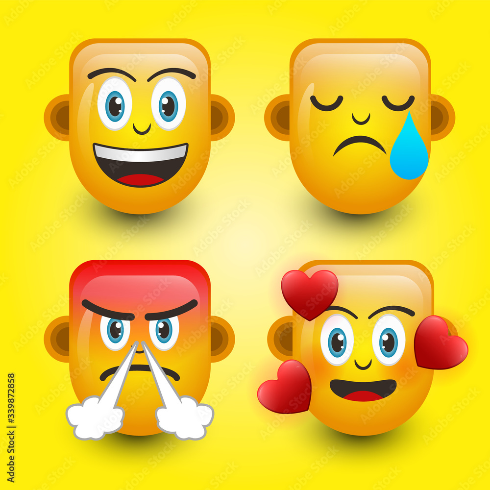 Emoticon. Smile face, Sad face,Angry face, and falling in love. Cute emoticon isolated on yellow background. 3d illustration. Emoticon. Smile face, Sad face,Angry face, and falling in love. Cute emoticon isolated on yellow background. 3d illustration.