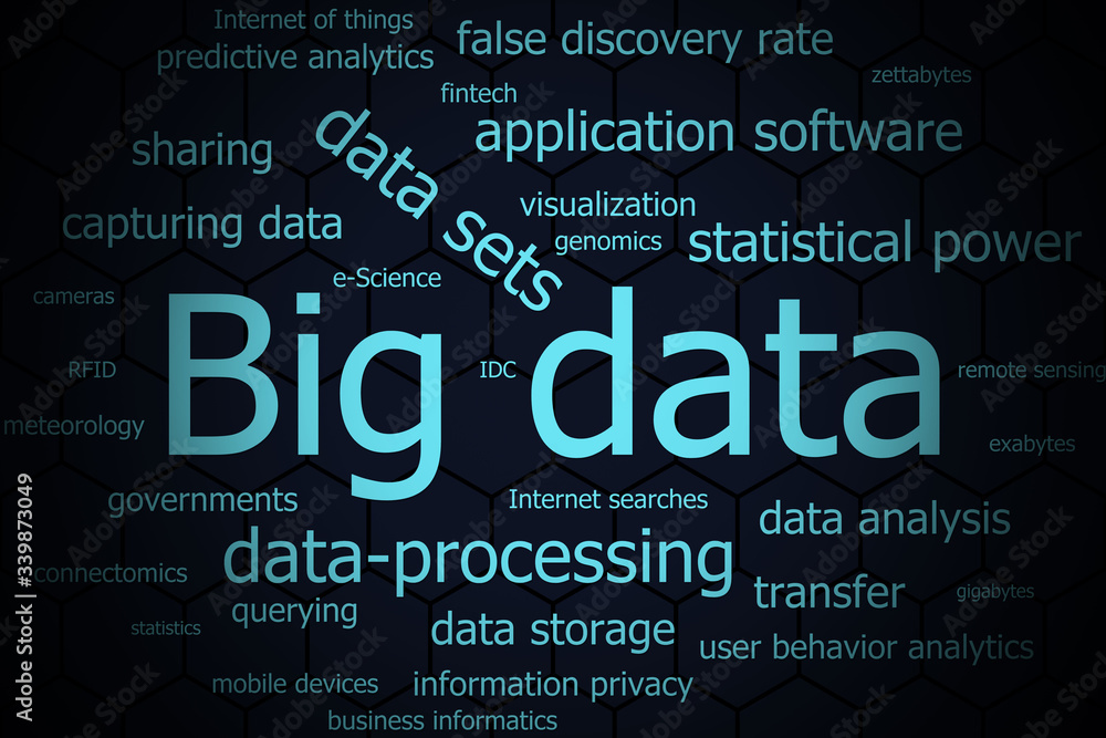 Big Data word cloud for use as background in color dark blue. Big Data word cloud for use as background in color dark blue.