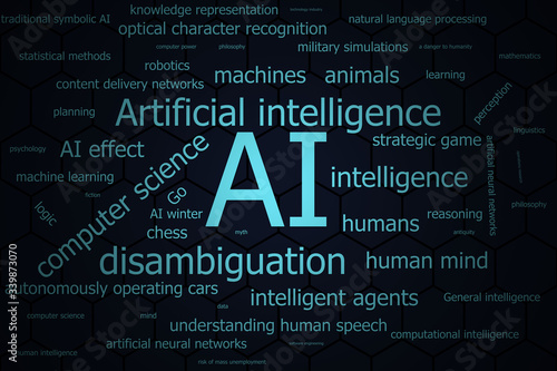 AI or Artificial intelligence word cloud for use as background in color dark blue.