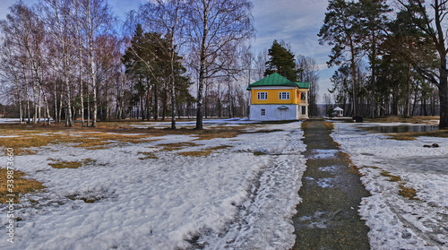 Lord's house.The estate of the Pushkin family. The poet Pushkin visited and lived in this house three times. In the center of the house is a second floor with a balcony and a railing. Russia photo