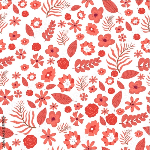 Blooming flowers and foliage, tree leaves seamless pattern