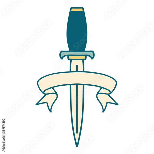 tattoo with banner of a dagger