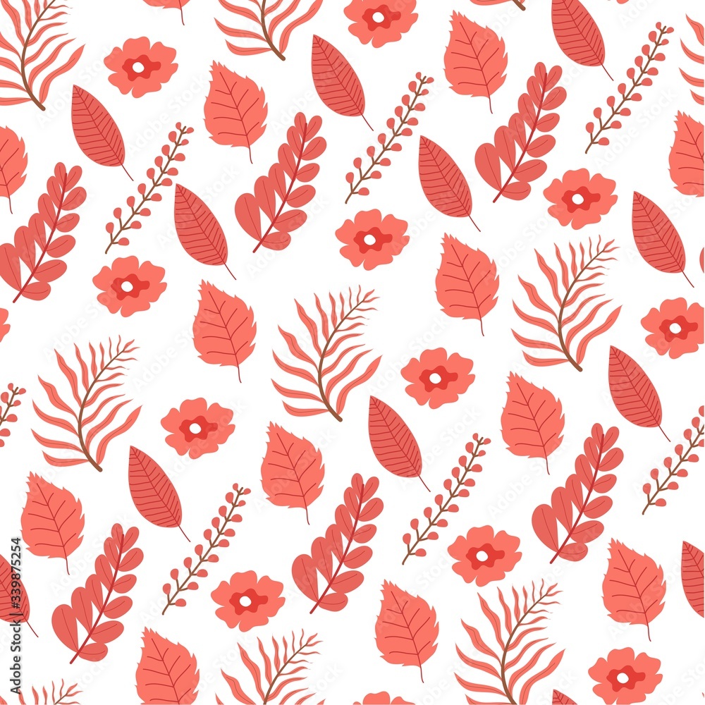 Tree leaves and flowers, seamless pattern of flora Tree leaves and flowers, seamless pattern of flora
