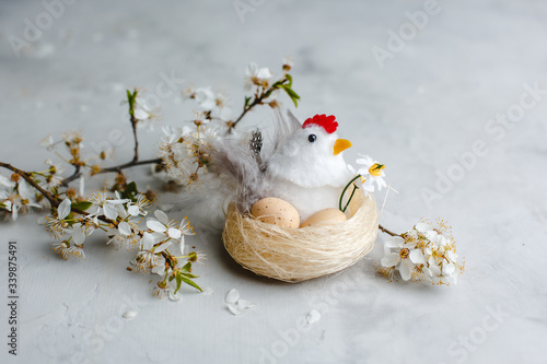Beautiful Easter eggs. Chicken with a nest. Funny and cute decoration. happy Easter. Top view, side view. Space for text.