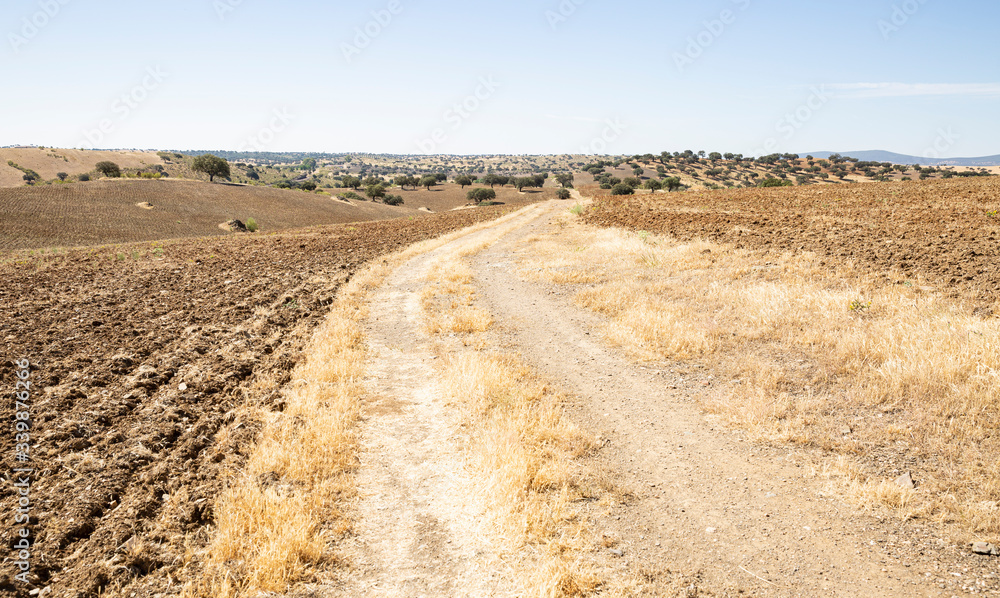 rural path on a plowed land next to Monterrubio de la Serena, province of Badajoz, Extremadura, Spain rural path on a plowed land next to Monterrubio de la Serena, province of Badajoz, Extremadura, Spain