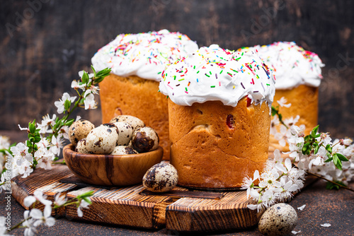 Traditional Easter cake kulich with topping photo