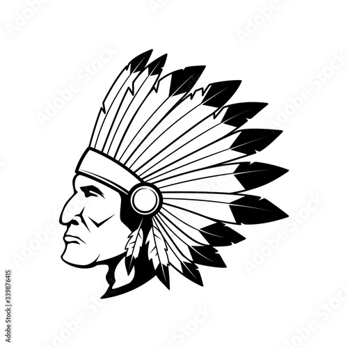 Illustration of native american chief head in traditional headdress.Design element for logo,label, sign, poster, card, t shirt. Vector illustration